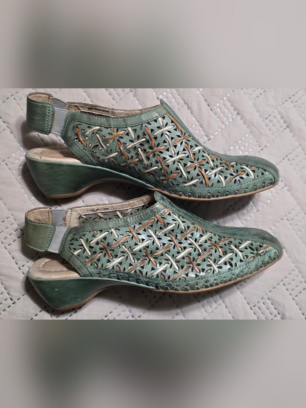 PIKOLINOS Green Laser-Cut Leather Slingback Sandals